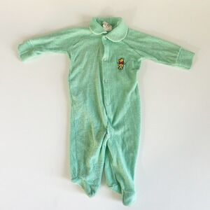 Sears Winnie the Pooh Baby Mint Green Terry Cloth Vintage Footed Romper Size 18M